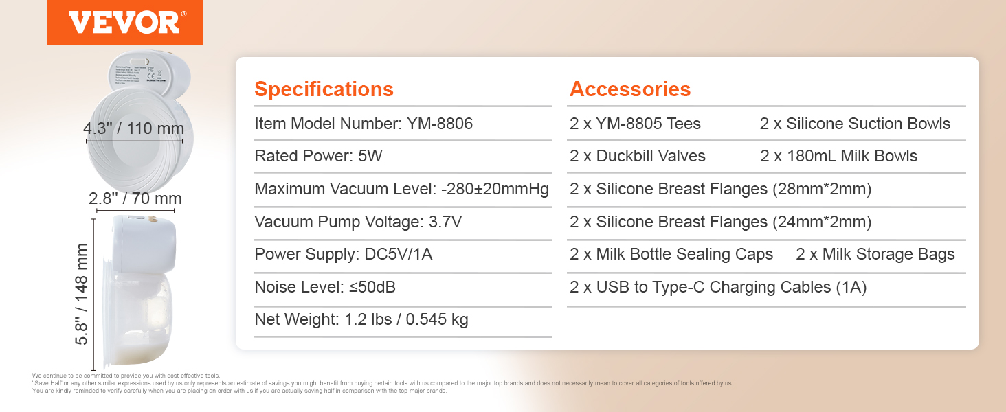 VEVOR wearable breast pump specifications and accessories list with product dimensions and details.