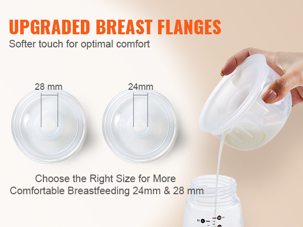 upgraded breast flanges for VEVOR wearable breast pump, softer touch, 24mm and 28mm sizes, optimal comfort.