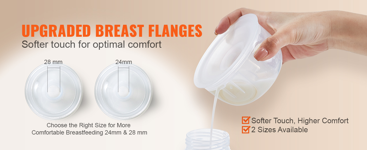 upgraded breast flanges for VEVOR wearable breast pump, softer touch, 24mm and 28mm sizes, optimal comfort.