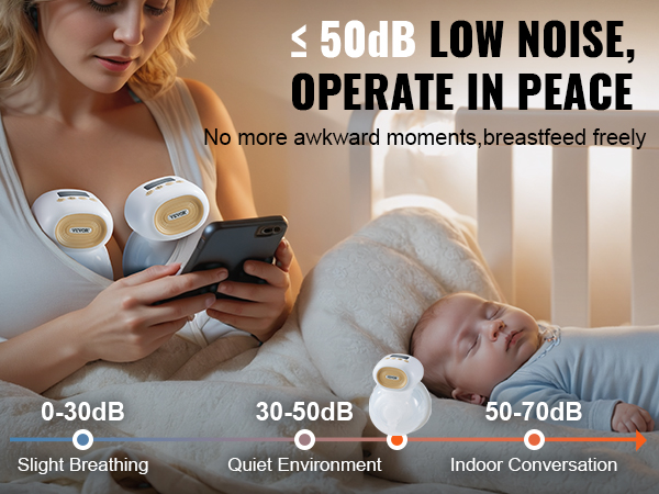VEVOR wearable breast pump in use, highlighting low noise levels for discreet breastfeeding.