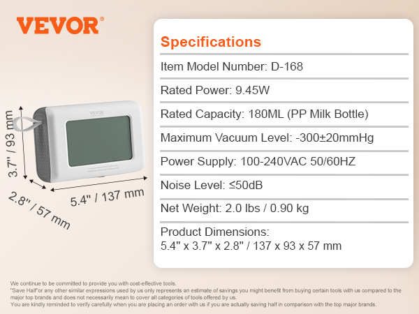 VEVOR electric breast pump specifications with dimensions and list of included accessories.