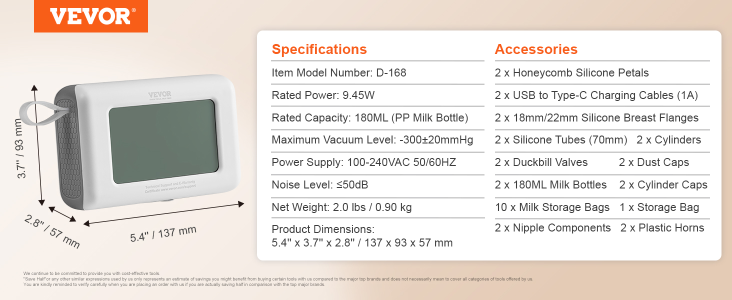 VEVOR electric breast pump specifications with dimensions and list of included accessories.