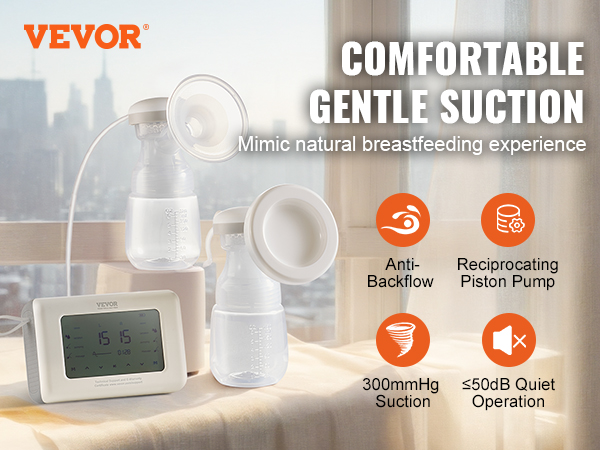 VEVOR electric breast pump with dual bottles and digital display for comfortable, gentle suction.