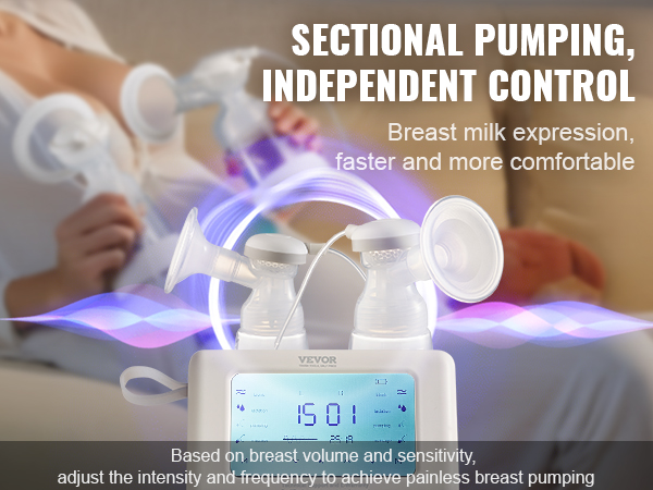 VEVOR electric breast pump with independent control and adjustable intensity for comfortable milk expression.