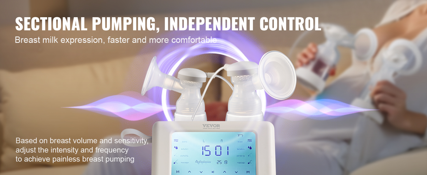 VEVOR electric breast pump with independent control and adjustable intensity for comfortable milk expression.