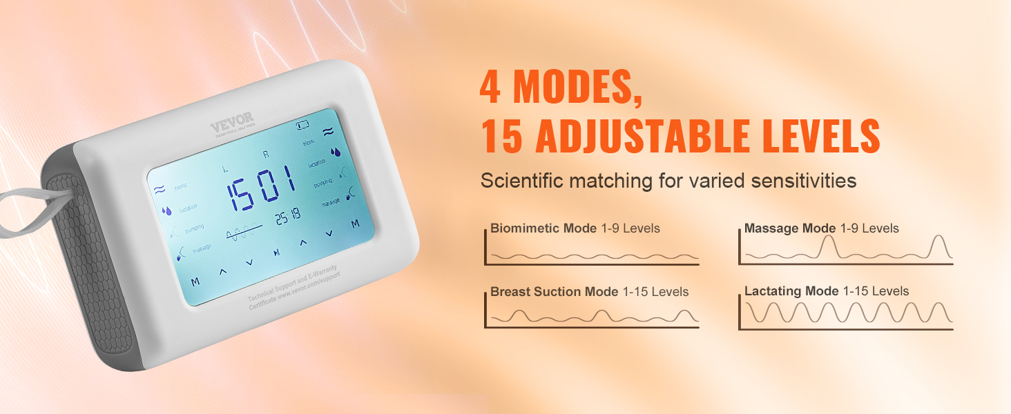 VEVOR electric breast pump with digital screen, 4 modes, and 15 adjustable levels for varied sensitivities.