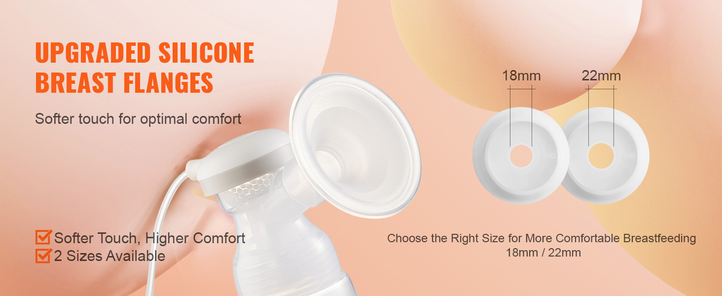 upgraded silicone breast flanges for VEVOR electric breast pump with 18mm and 22mm sizes.