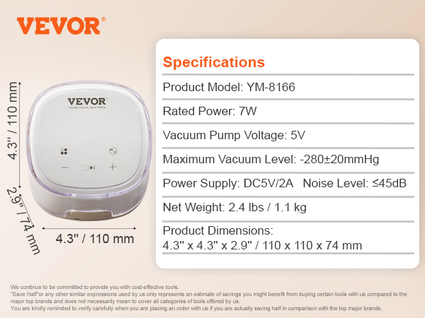VEVOR double electric breast pump, specifications, and accessories list with product dimensions.