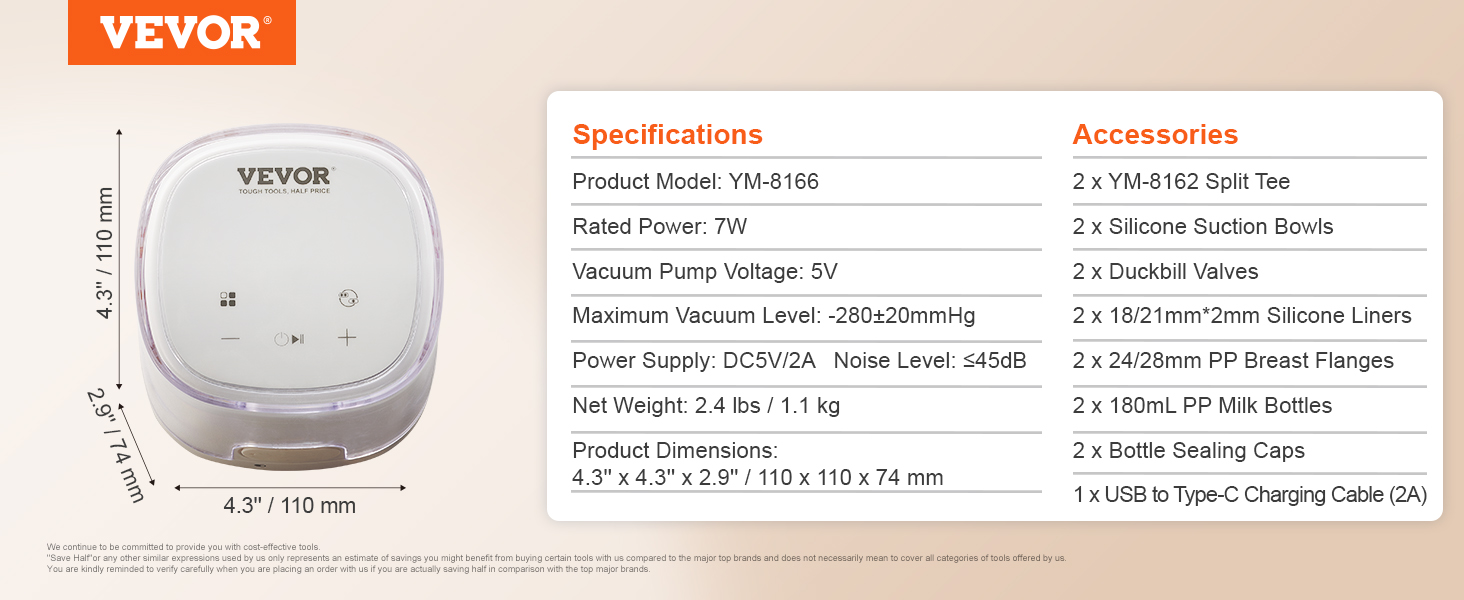 VEVOR double electric breast pump, specifications, and accessories list with product dimensions.