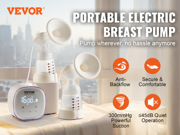 VEVOR double electric breast pump on table near window overlooking city skyline with features displayed.