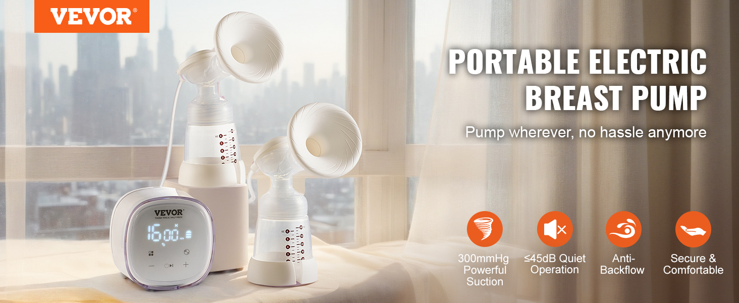 VEVOR double electric breast pump on table near window overlooking city skyline with features displayed.