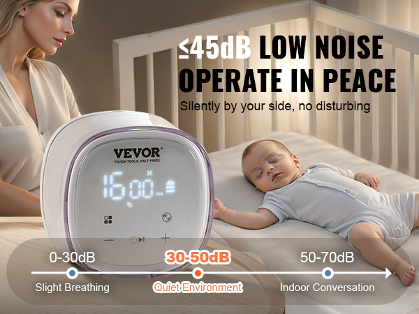 VEVOR double electric breast pump operates quietly under 45db, ensuring a peaceful environment for baby.