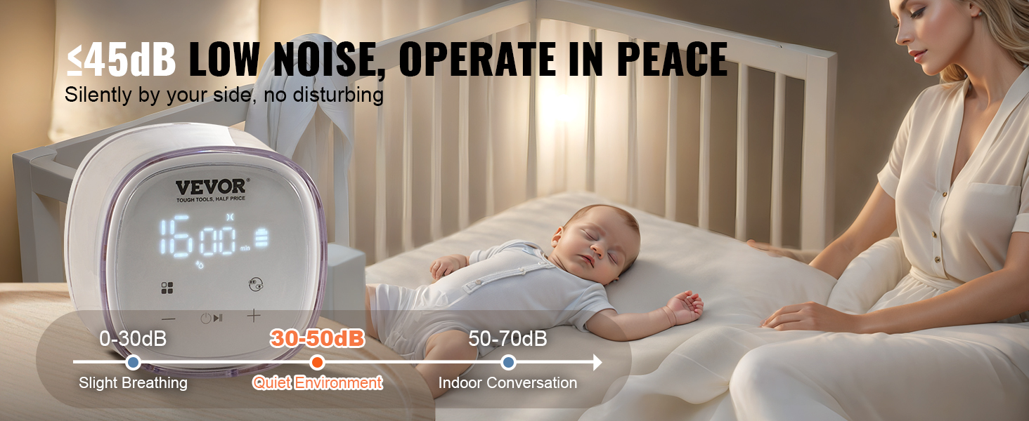 VEVOR double electric breast pump operates quietly under 45db, ensuring a peaceful environment for baby.