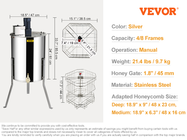 VEVOR electric honey extractor: stainless steel, 4/8 frame, 39.2 lbs, 140w, 1300 rpm, silver.