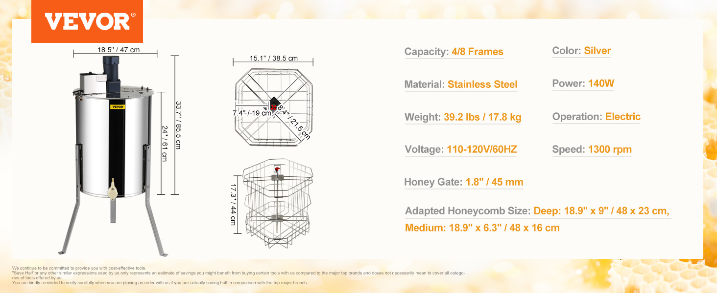 VEVOR electric honey extractor: stainless steel, 4/8 frame, 39.2 lbs, 140w, 1300 rpm, silver.
