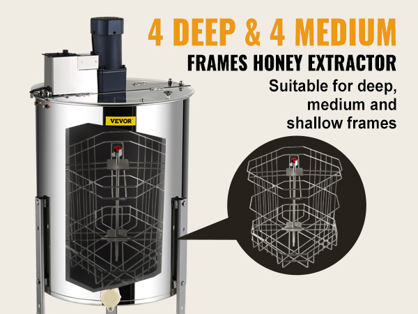 VEVOR electric honey extractor suitable for deep, medium, and shallow frames, holding 4 of each.