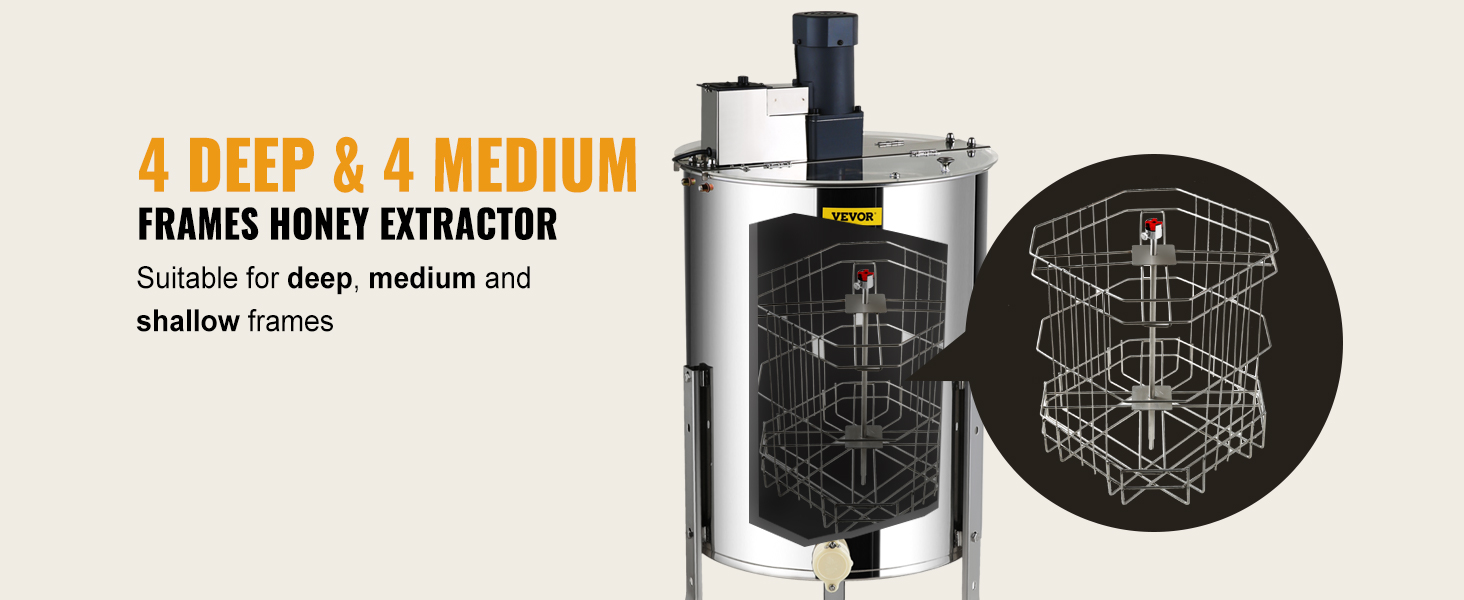 VEVOR electric honey extractor suitable for deep, medium, and shallow frames, holding 4 of each.