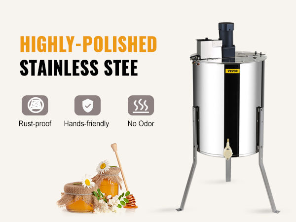 VEVOR electric honey extractor with highly-polished stainless steel, hands-friendly, no odor, rust-proof.