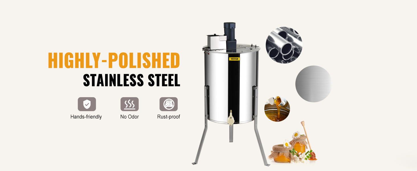 VEVOR electric honey extractor with highly-polished stainless steel, hands-friendly, no odor, rust-proof.