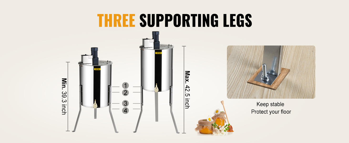 VEVOR electric honey extractor with three supporting legs, height adjustable between 39.3