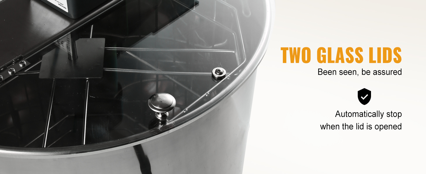 two glass lids on VEVOR electric honey extractor, with safety feature to stop when lid is opened.