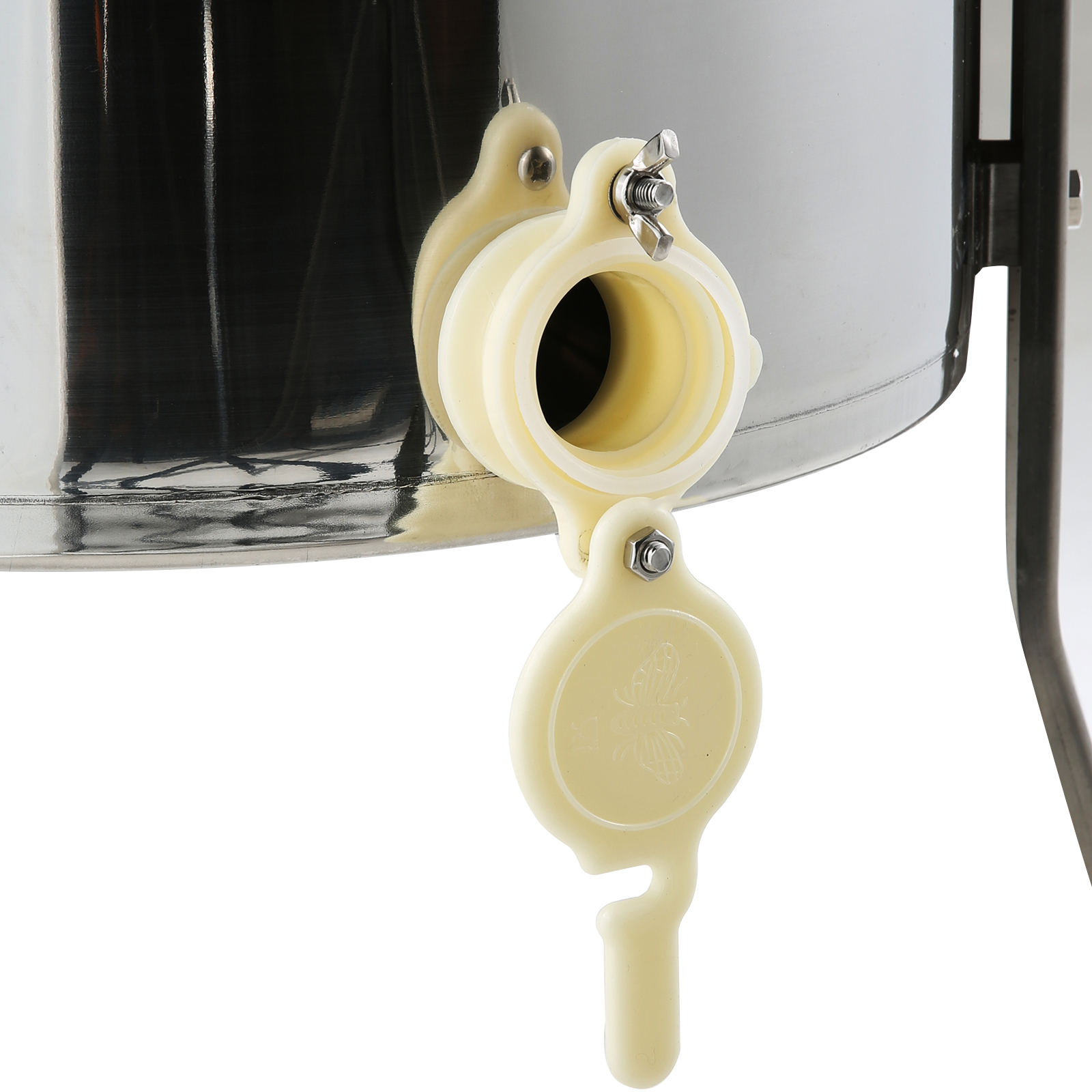 VEVOR electric honey extractor's spout with a cream-colored plastic honey gate.