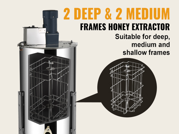 VEVOR honey extractor with 2 deep and 2 medium frames, suitable for deep, medium, and shallow frames.