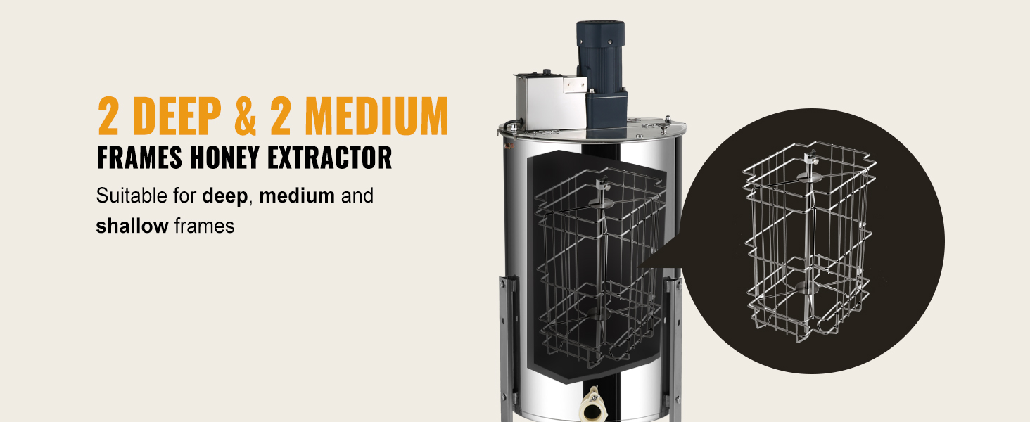 VEVOR honey extractor with 2 deep and 2 medium frames, suitable for deep, medium, and shallow frames.