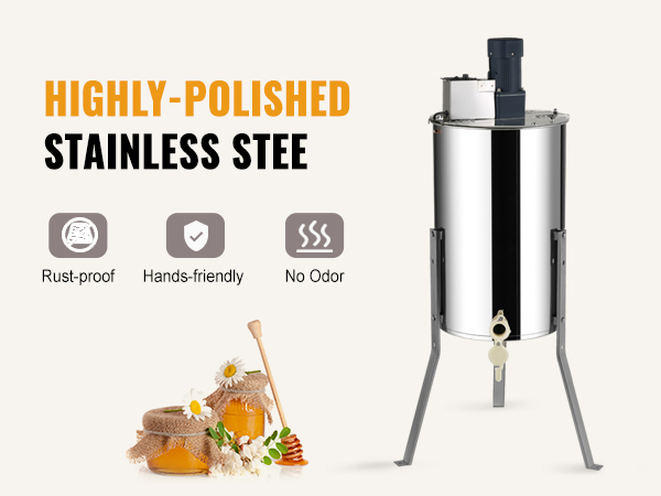 highly-polished stainless steel VEVOR honey extractor with rust-proof, no odor, and hands-friendly features.