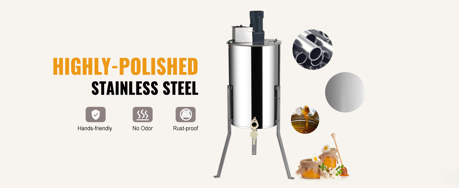 highly-polished stainless steel VEVOR honey extractor with rust-proof, no odor, and hands-friendly features.