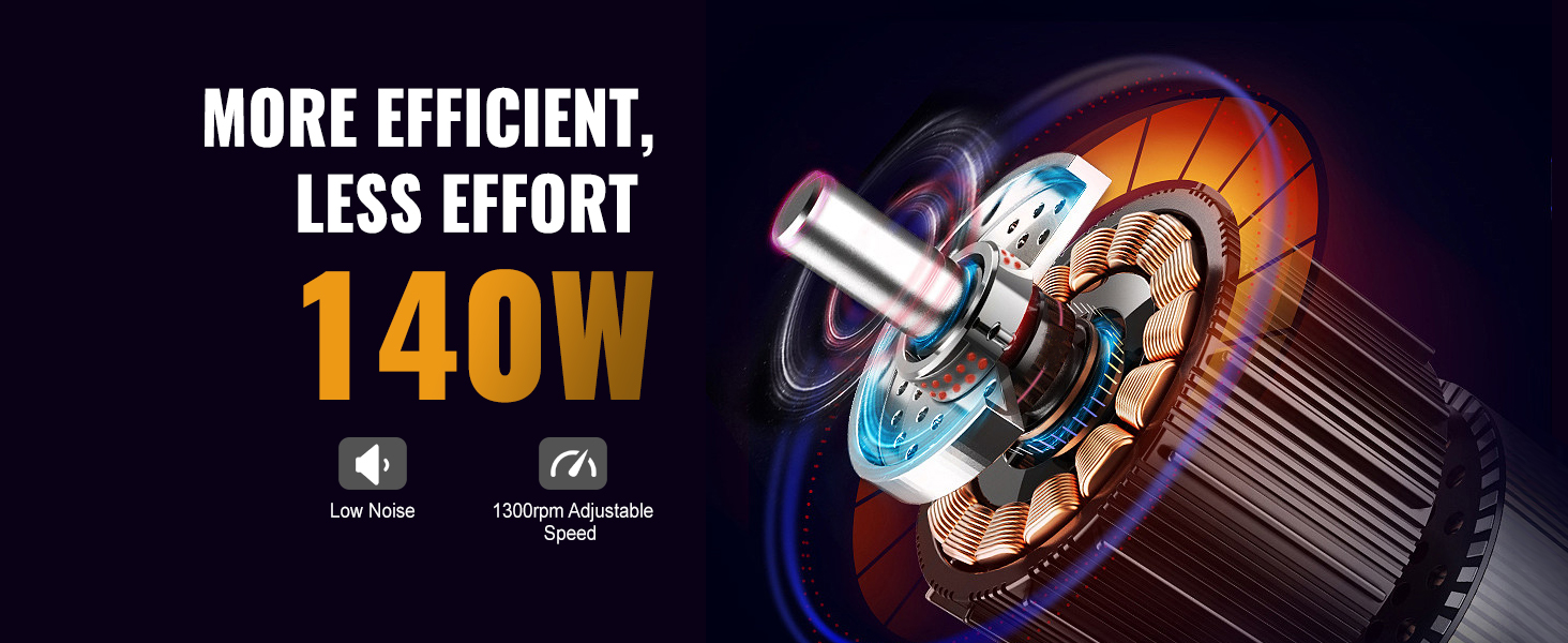 VEVOR honey extractor motor with 140w, highlighting efficiency, low noise, and 1300rpm adjustable speed.