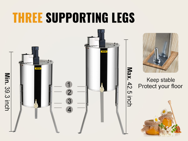 VEVOR honey extractor with adjustable height, three supporting legs, and stable base.