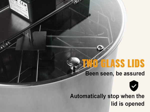 VEVOR honey extractor with two glass lids, automatic stop feature, and durable stainless steel body.