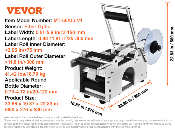 VEVOR round bottle labeling machine with fiber optic sensor, dimensions, and label specifications.
