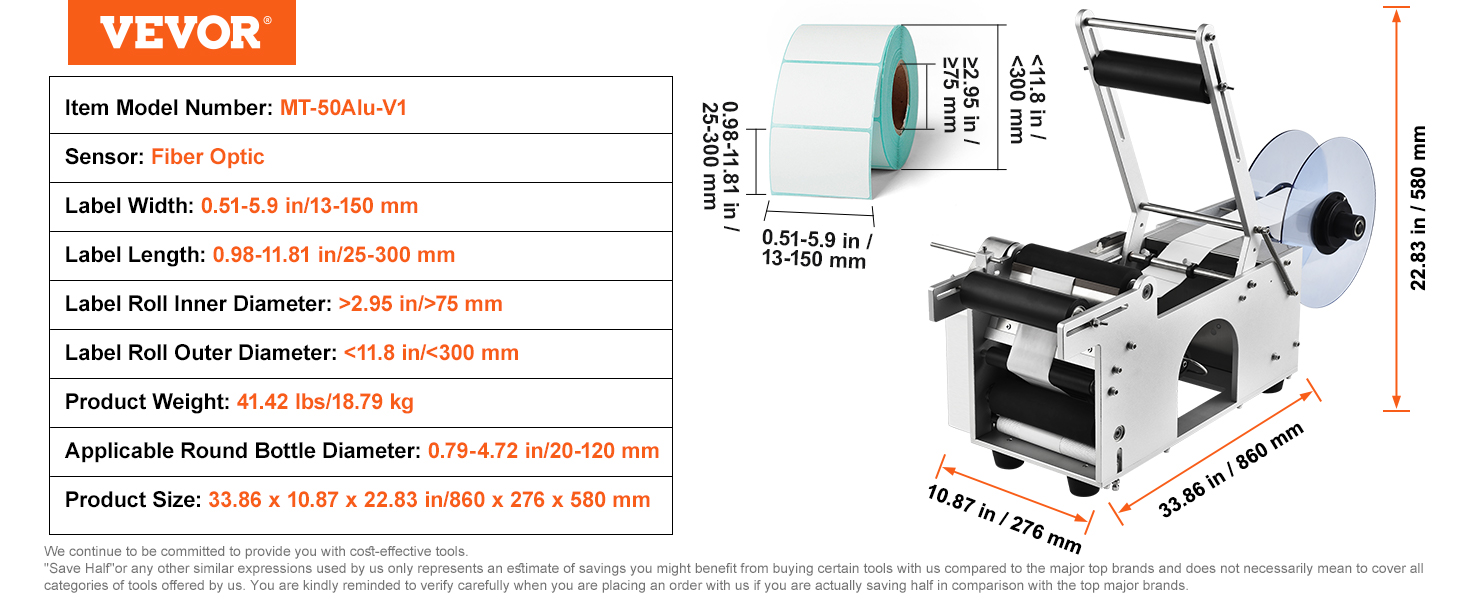 VEVOR round bottle labeling machine with fiber optic sensor, dimensions, and label specifications.