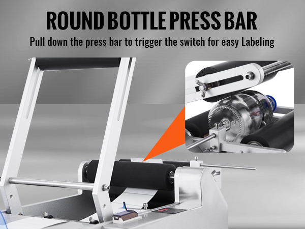 VEVOR round bottle labeling machine with press bar for easy, bubble-free, and tight labeling.