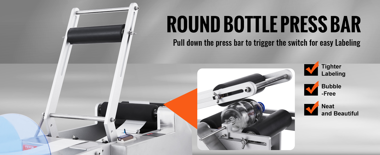 VEVOR round bottle labeling machine with press bar for easy, bubble-free, and tight labeling.