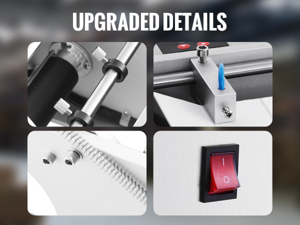 upgraded features of VEVOR round bottle labeling machine: screw adjustment, fiber optic sensor, alloy body, security switch.
