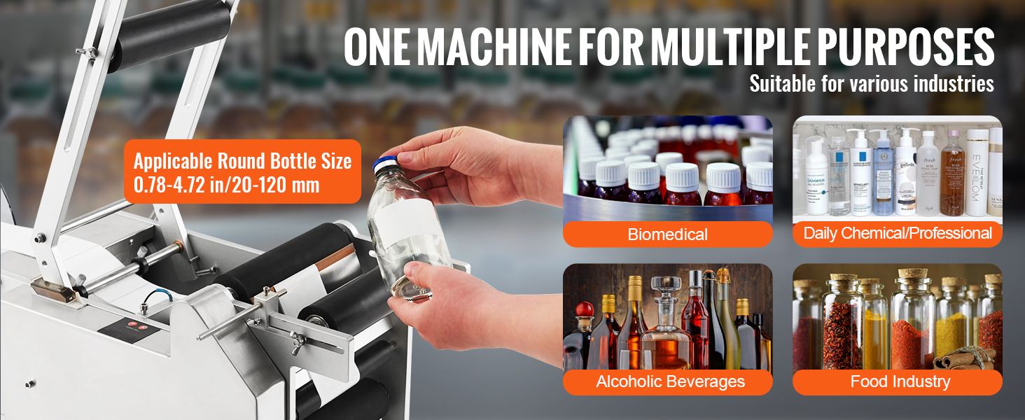 VEVOR round bottle labeling machine for biomed, chemical, food, and alcohol industries, 20-120mm size.
