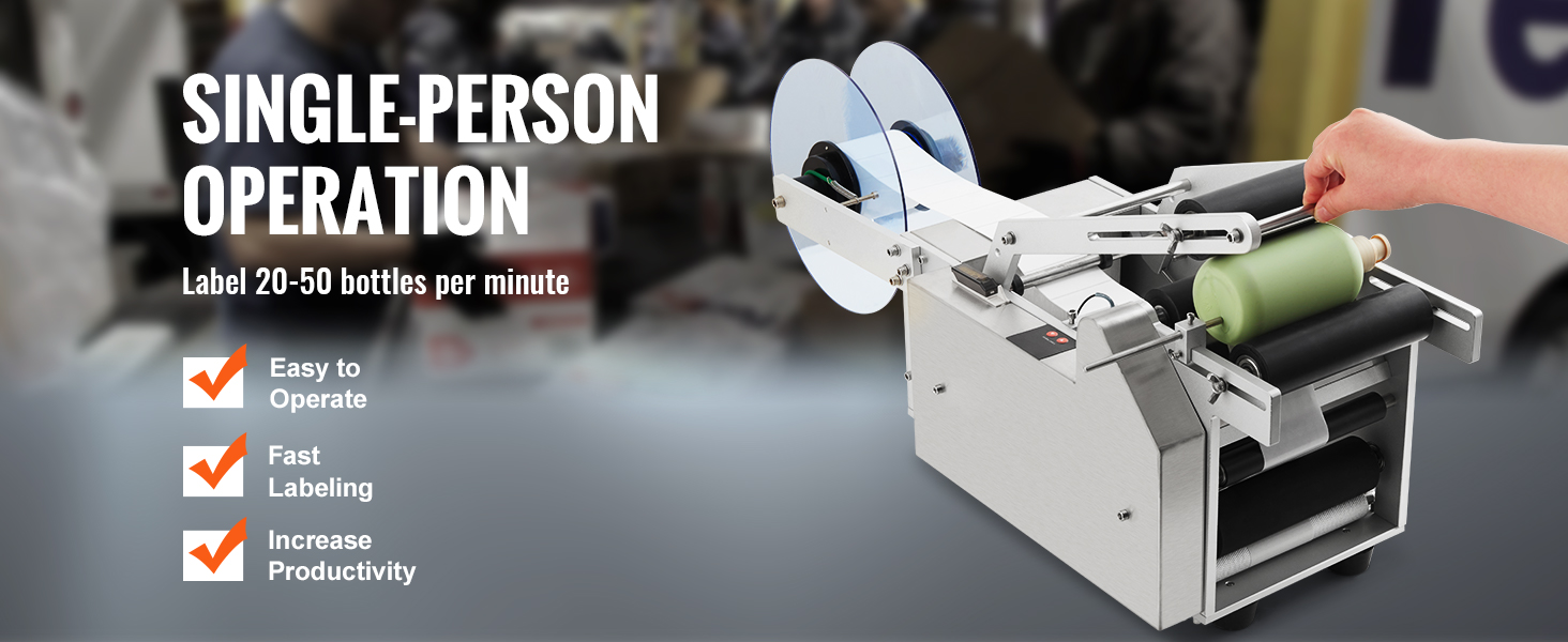 VEVOR round bottle labeling machine for single-person operation labeling 20-50 bottles per minute.