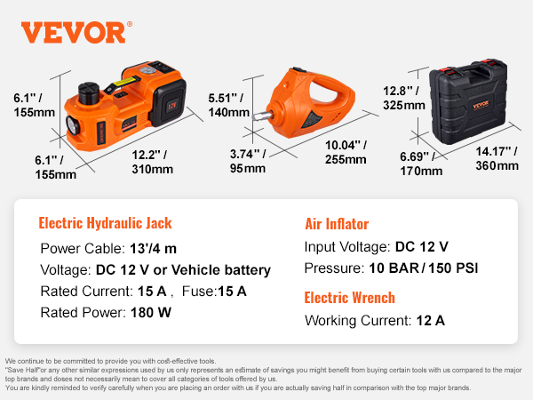 VEVOR electric car jack dimensions, electric wrench specs, and air inflator details with case.