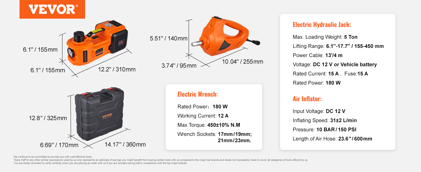 VEVOR electric car jack dimensions, electric wrench specs, and air inflator details with case.