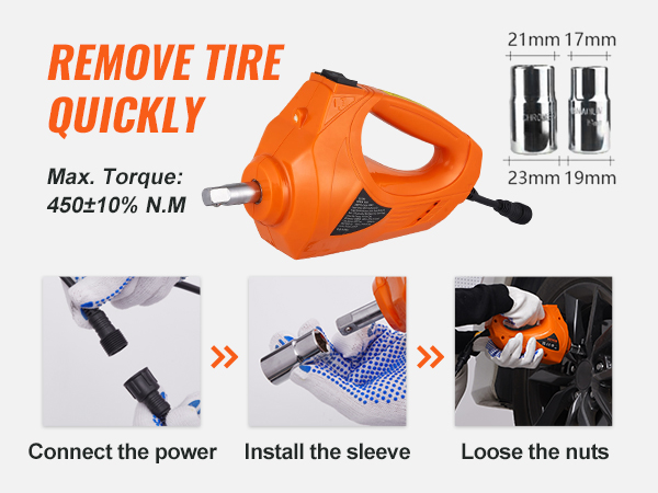 VEVOR elektriauto pesa, max pöördemoment 450±10% n.m, illustreeritud juhised kiire rehvi eemaldamine.