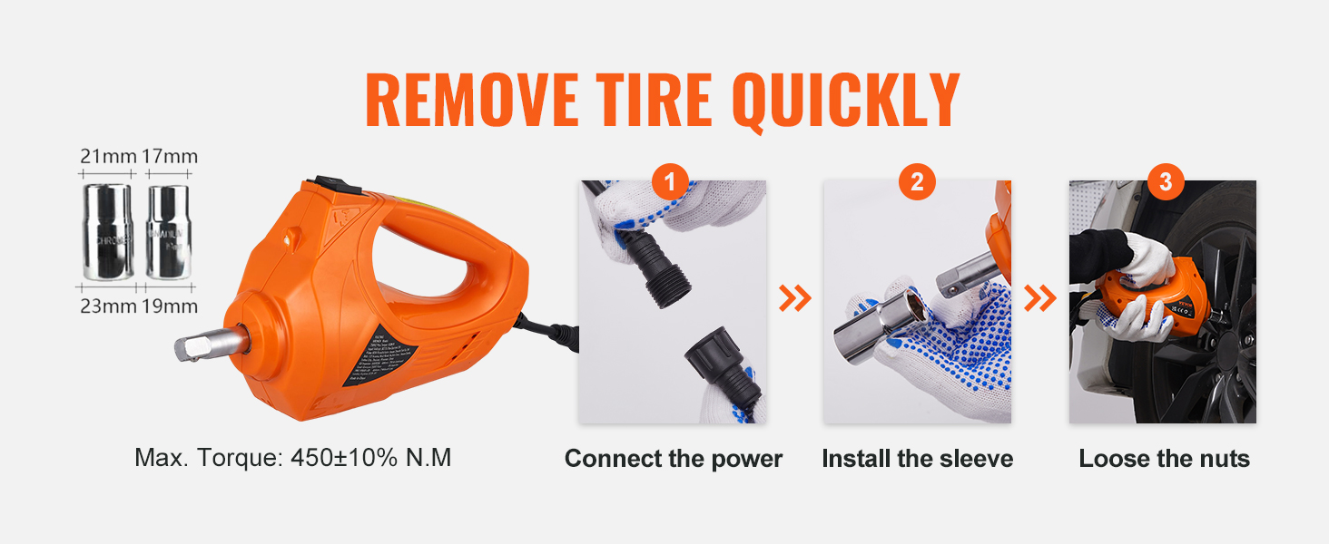 VEVOR elektriauto pesa, max pöördemoment 450±10% n.m, illustreeritud juhised kiire rehvi eemaldamine.