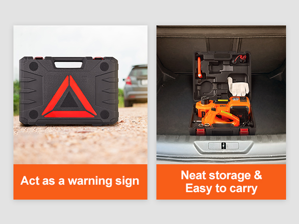 VEVOR elektriauto jack juhul, kui teed hoiatusmärk ja korralikult salvestatud auto pakiruumi.