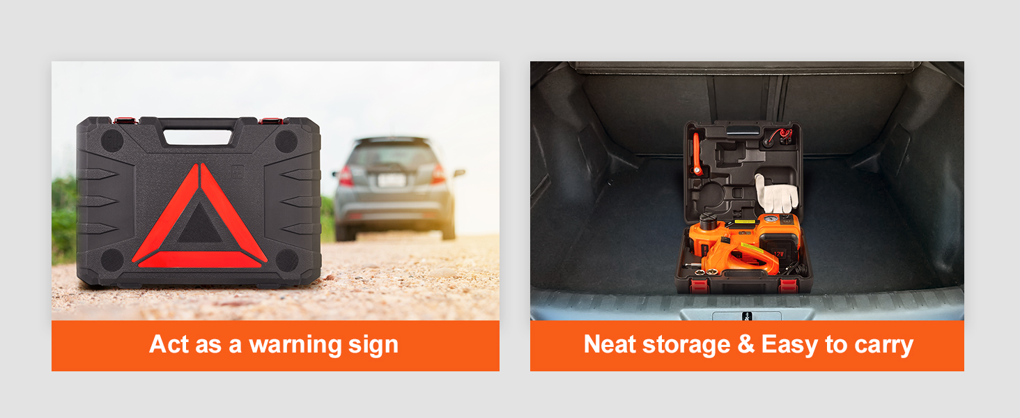 VEVOR elektriauto jack juhul, kui teed hoiatusmärk ja korralikult salvestatud auto pakiruumi.