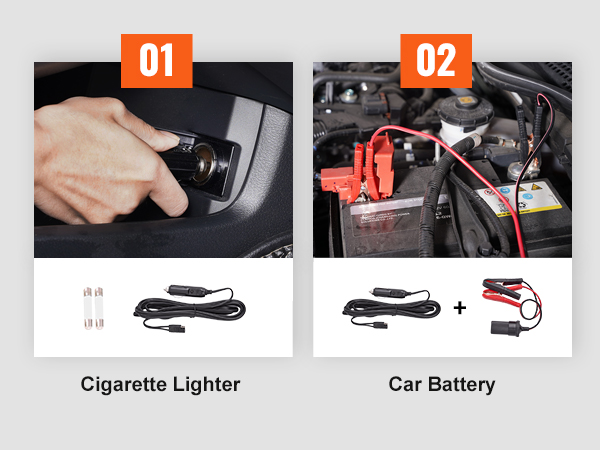 2 valikuid tasuta VEVOR elektriauto jack: via sigaretisüütaja või otse auto aku ühendus.