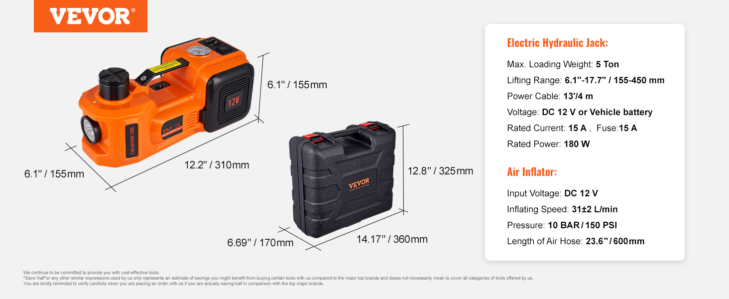 VEVOR electric car jack with air inflator, orange casing, and carrying case, dimensions and specs displayed.