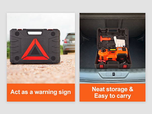 VEVOR electric car jack atveju, dvejinimo kaip įspėjimo ženklas ir teikti tvarkingas saugojimo kamieno.