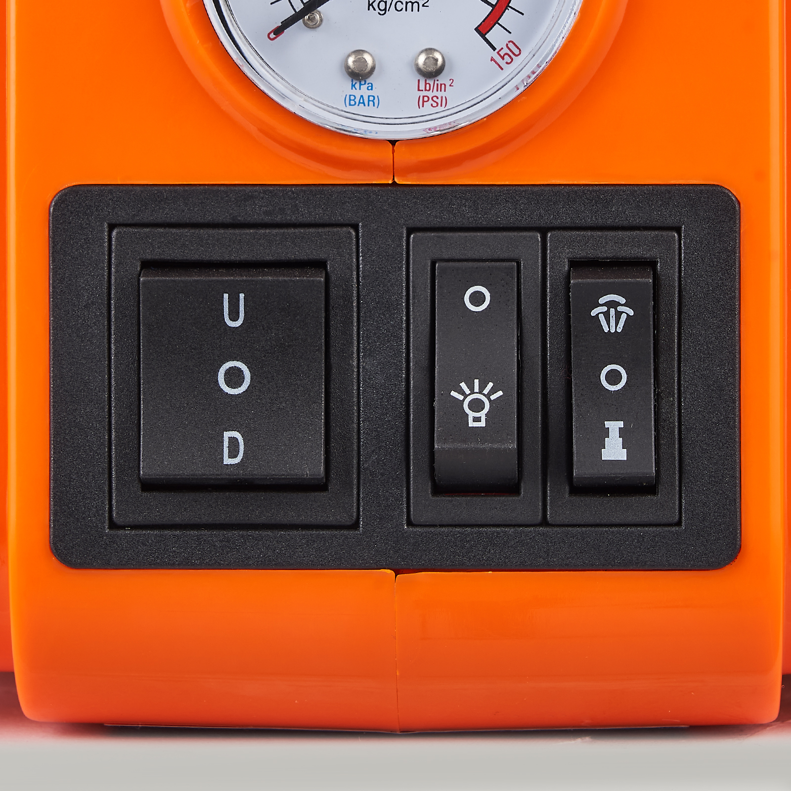 close-up of control panel with buttons and gauge on an orange VEVOR electric car jack.